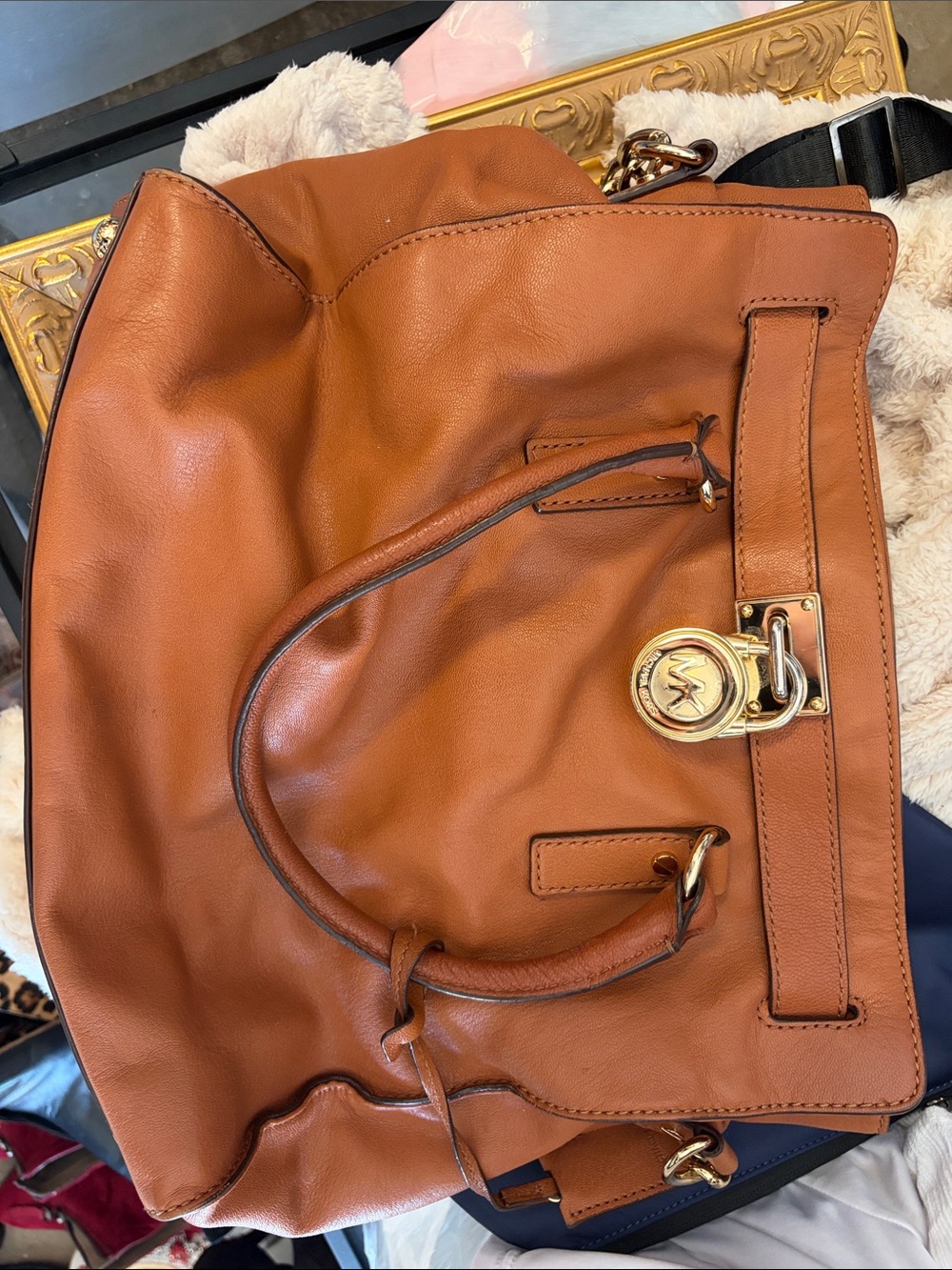Michael Kors Cognac Leather Shoulder Tote with Gold Hardware